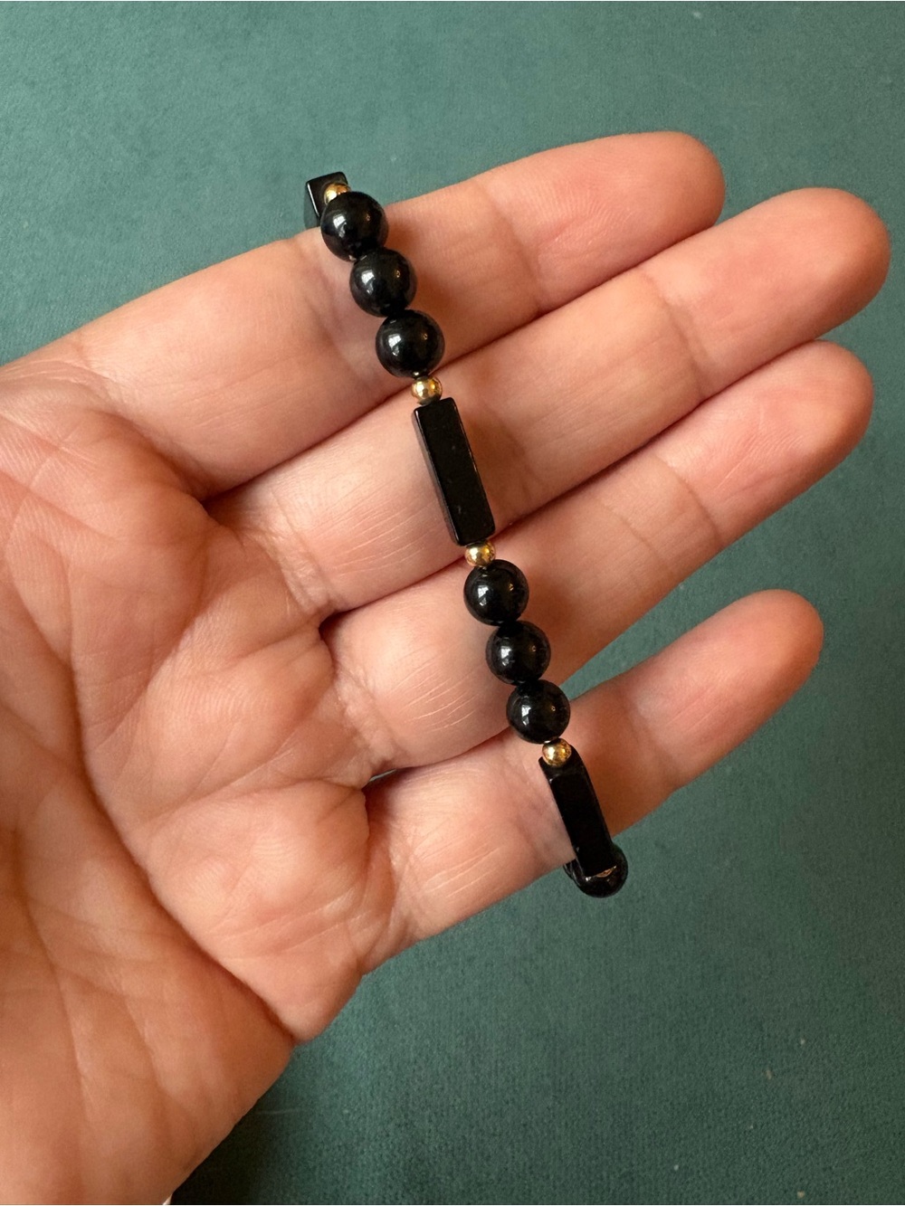 14k Solid Gold Onyx Beaded Bracelet - 7.5 inches